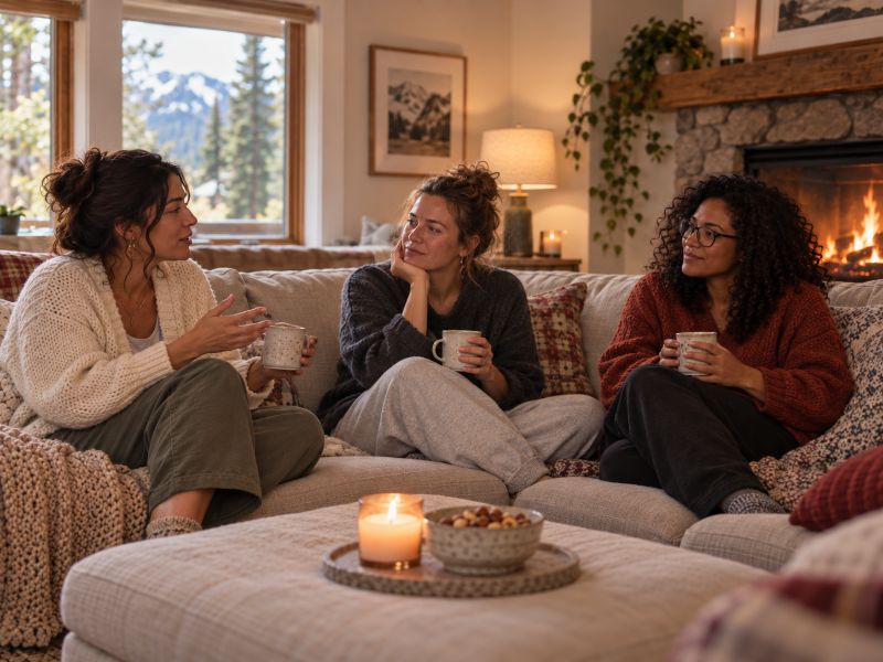 Three women talking on a couch by a fire